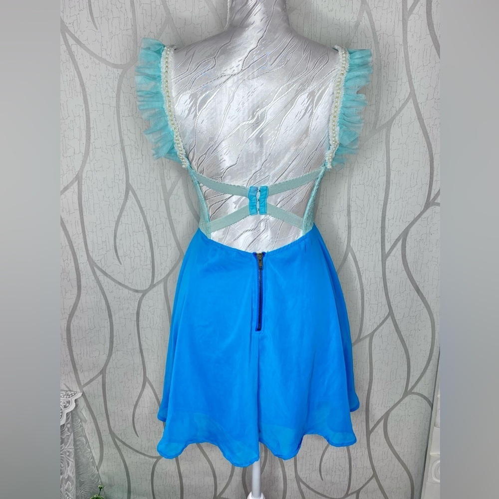 🎀🍒 Blue Green Lace Colourblock Contrast A Line Dress 🍒🎀 Pearl Ruffle Trim Straps - Picture 4 of 13